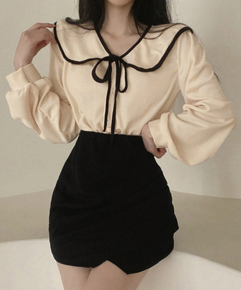 ビッグ襟ブラウス リボンタイブラウス長袖 レディース バイカラーシャツブラウス フレンチガーリー 大きめ襟トップス ゆったり韓国ファッション  着やせ 体型カバー 84WANJIA-022